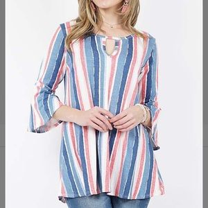 Coral & Ivory Stripe 3/4 Bell-Sleeve Tunic, M